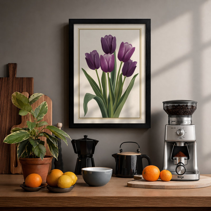 Violet Tulip Study Botanical - Framed Print, Black, A3 - 42.0 x 29.7 cm