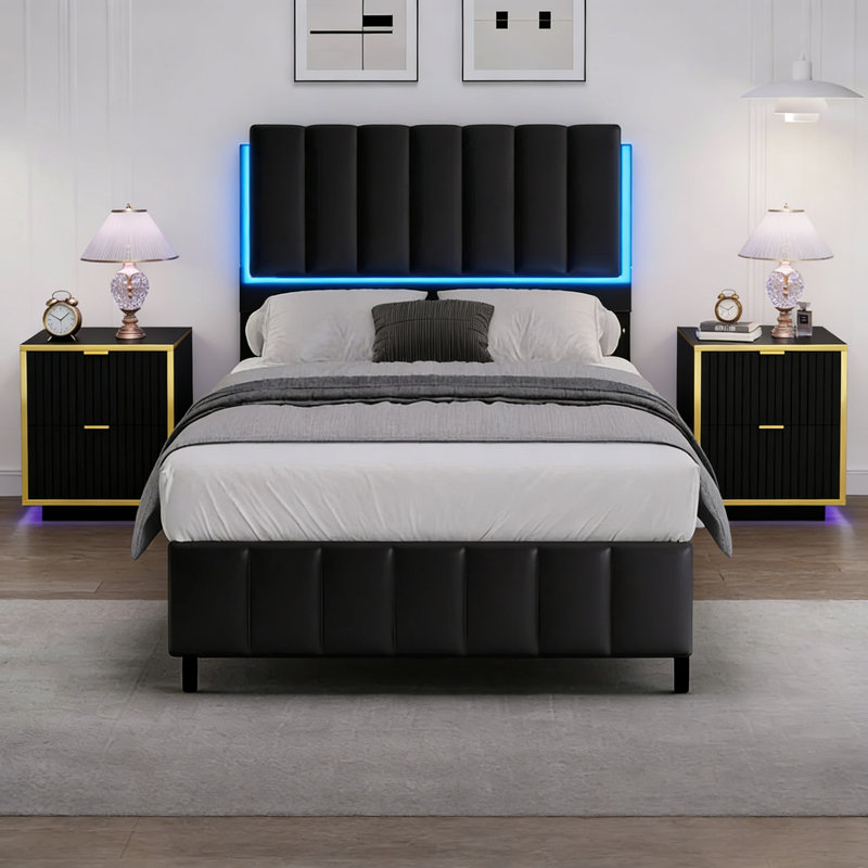 Ensemble de lit plateforme en similicuir avec lumières DEL et table de chevet moderne avec tiroirs cannelés, Noir, Lit simple