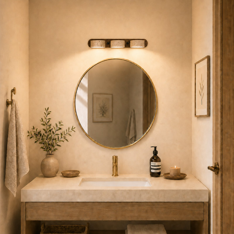 Applique murale de salle de bain en travertin naturel à 3 lumières, avec 3 températures de couleur et abat-jour orientables à 350 °