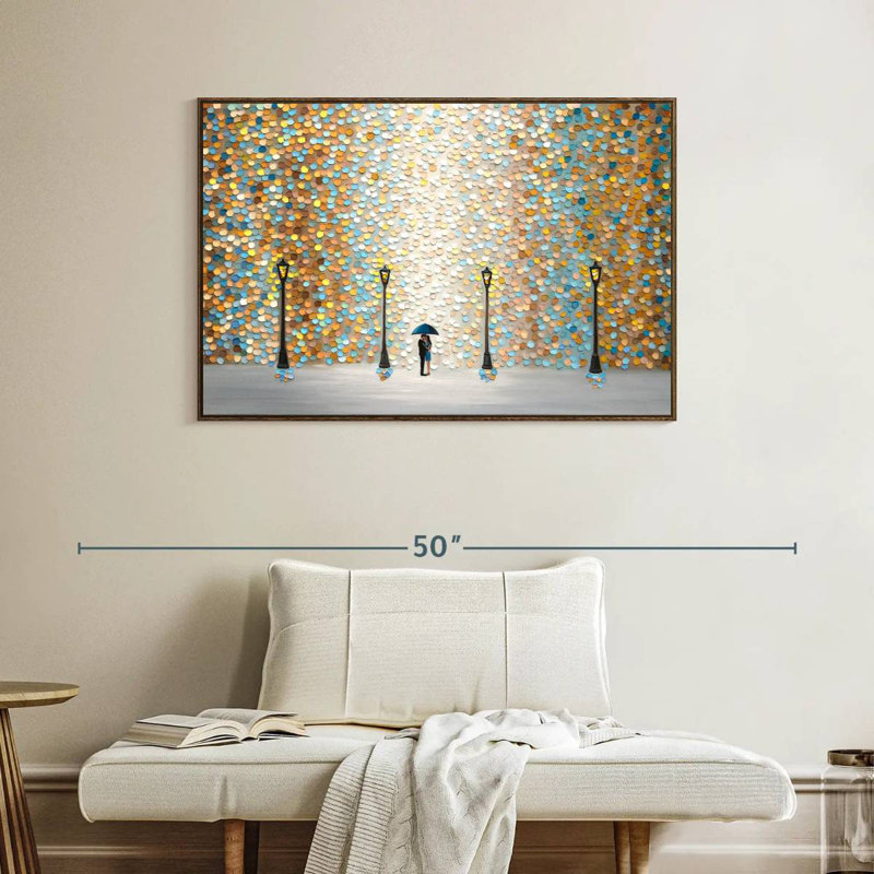 Baiser sous la pluie dorée, Cadre flottant noyer, 40 po x 27 po