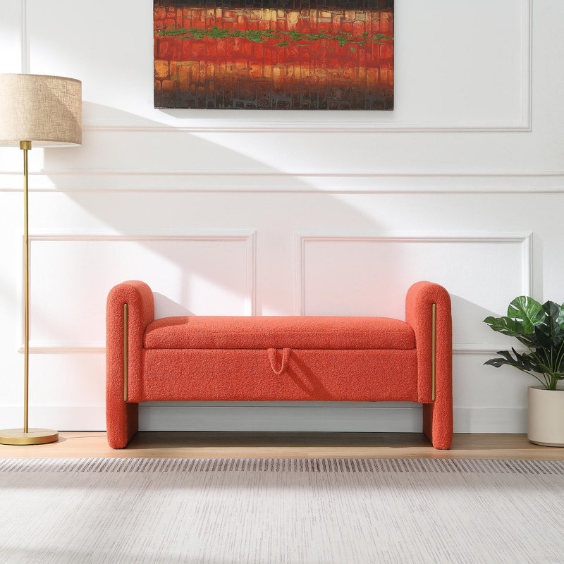 Banc de bout moderne avec accoudoirs et rangement, grand tabouret de repose-pieds rembourré, banc de meuble-lavabo pour fenêtre confortable pour salon, chambre à coucher, dortoir, table basse, orange Teddy