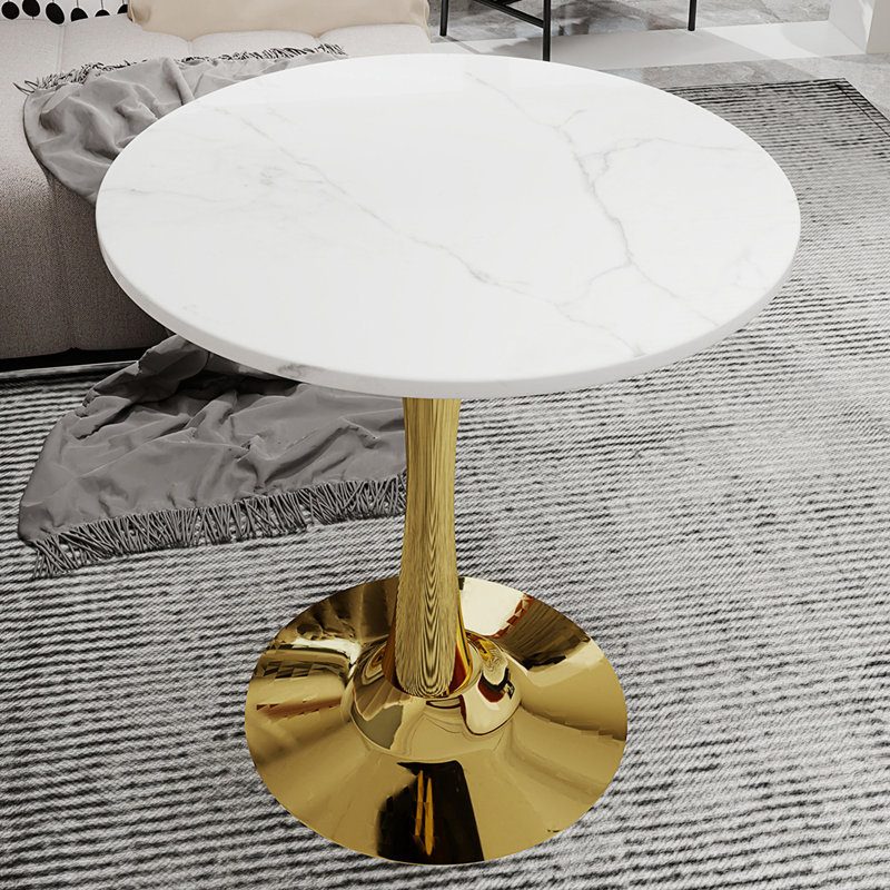 Table d'appoint ronde avec piédestal conique, Blanc, Doré