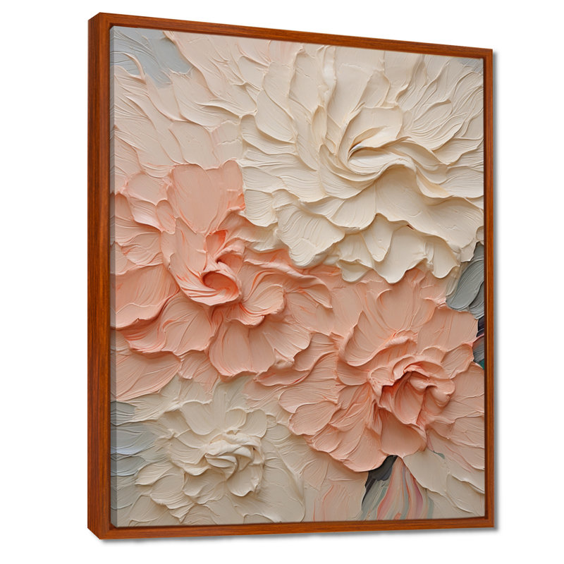 Fleurs beiges et roses en harmonie - Fleurs, art mural, Cadre flottant brun, H 32 po x l 16 po