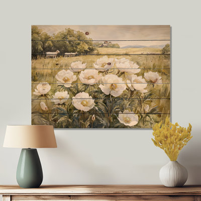 Peonies Near The Grazing Field III - Peonies Wood Wall Art - On Natural Pine Wood