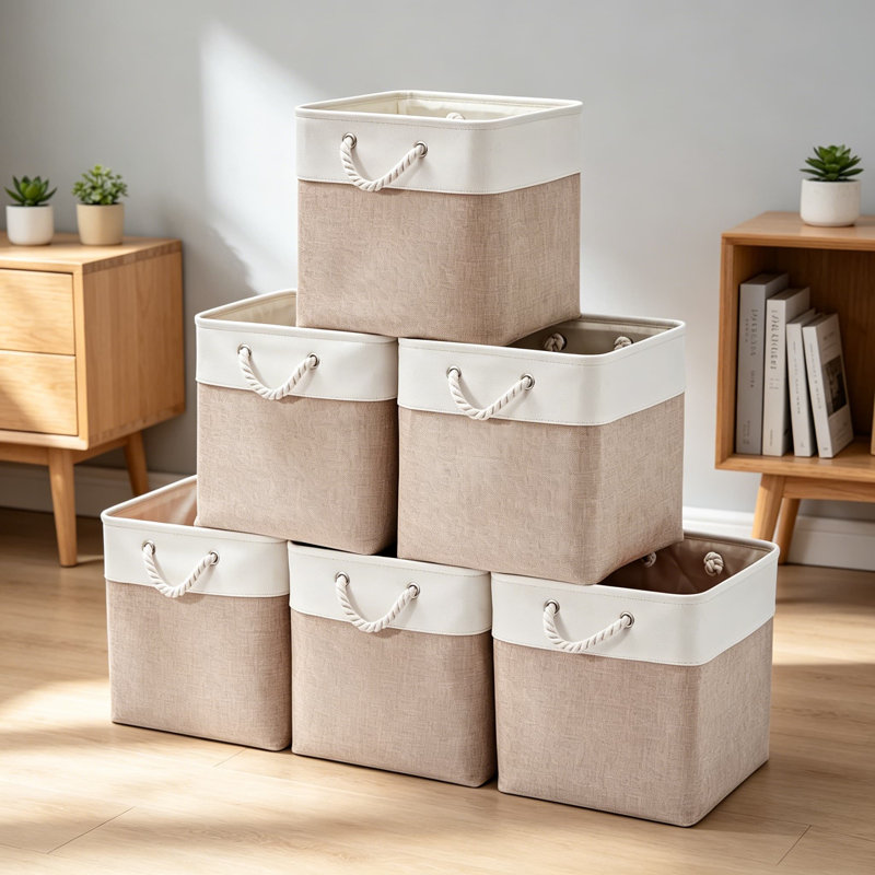 13 cubes de rangement 13 x 13 pouces, bacs de rangement pliables en tissu avec poignées, panier pliable pour organiser les vêtements, les jouets, les livres, blanc et beige