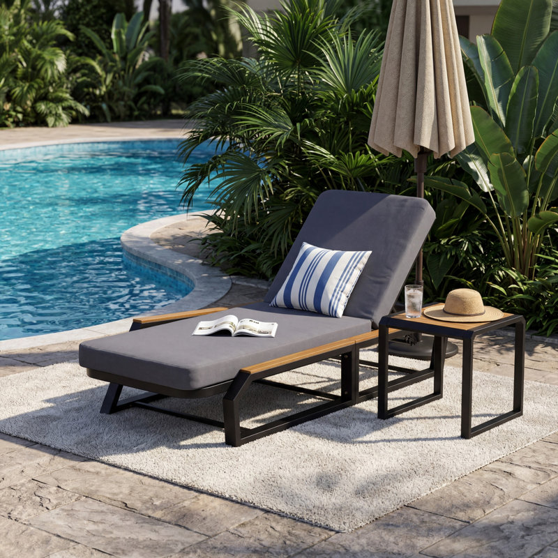 Ensemble de chaise longue d'extérieur réglable avec table d'appoint et coussin Orlenae, 1, Dark Gray, Black