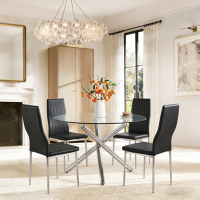 5 Piece Round Dining Table With Chairs Set For 4, 43 Inch Modern Dining Room Table Set