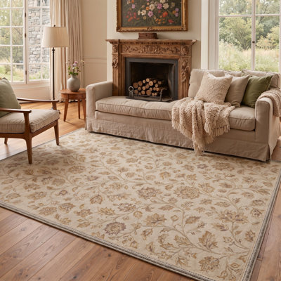 Machine Washable Floral Beige / Brown Area Rug With Non-Slip Backing