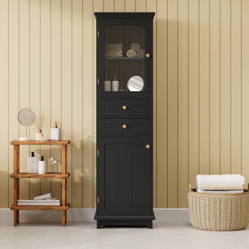 Bathroom Cabinet, 63" Tall Bathroom Storage Cabinet With Glass Doors, Free-Standing, Two Drawers, And Adjustable Shelves, MDF Board