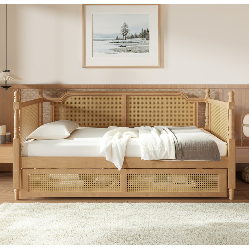 Structure de lit de jour simple en rotin de style traditionnel avec 2 tiroirs, sans sommier, noyer antique