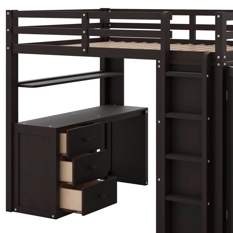 Full Loft Bed With Drawers,Desk And Wardrobe, Espresso