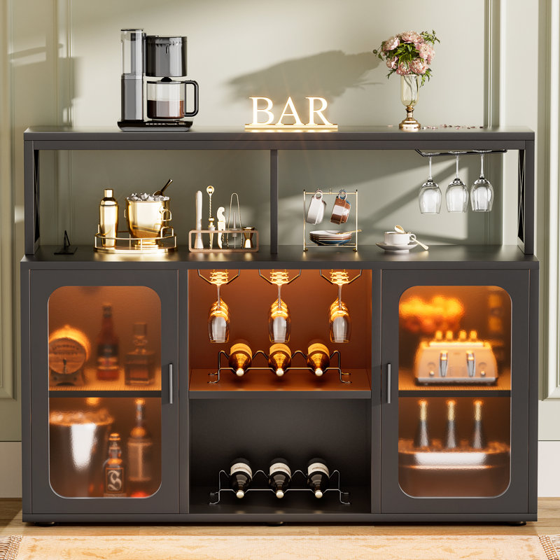 Asrf 47'' Wine Bar,Storage Buffet Cabinet Coffee Bar Cabinet For Liquor,Wine Cabinet With Racks with LEDs, Black