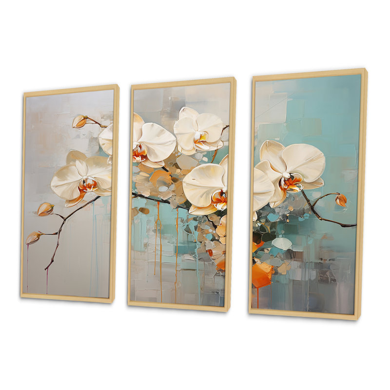 Orchidées beiges tranquillité - ensemble d'art mural orchidées, Cadre naturel flottant, H 32 po x l 48 po x P 1 po