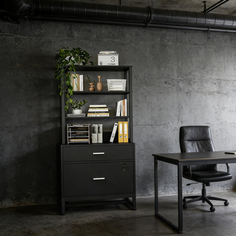 Spacieux classeur, classeur à hauteur, armoire stable avec bibliothèque ouverte, Noir