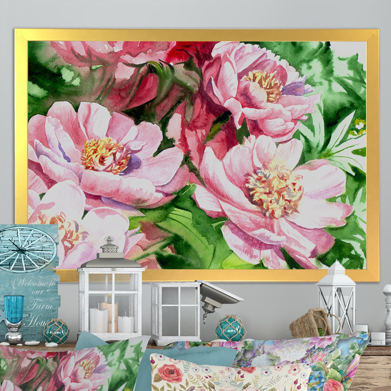 Aquarelle, pivoines roses, reproduction sur toile flottante, Cadre doré, H 12 po x l 20 po x P 1 po