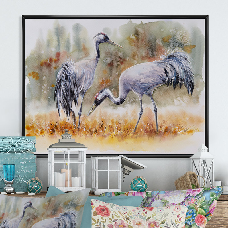 «Two Cranes in the Meadows», reproduction sur toile flottante, H 12 po x l 20 po x P 1 po, Cadre noir
