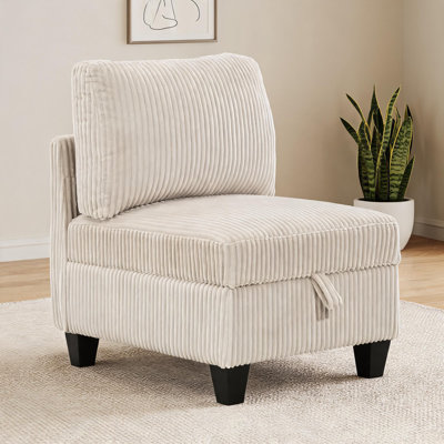 Fauteuil de chambre modulaire sans accoudoirs avec rangement caché, fauteuil d'appoint en velours côtelé beige pour le salon
