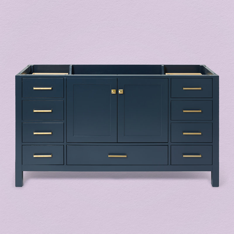 Cambridge 60'' W Single Bathroom Vanity Base, Midnight Blue, Satin Brass