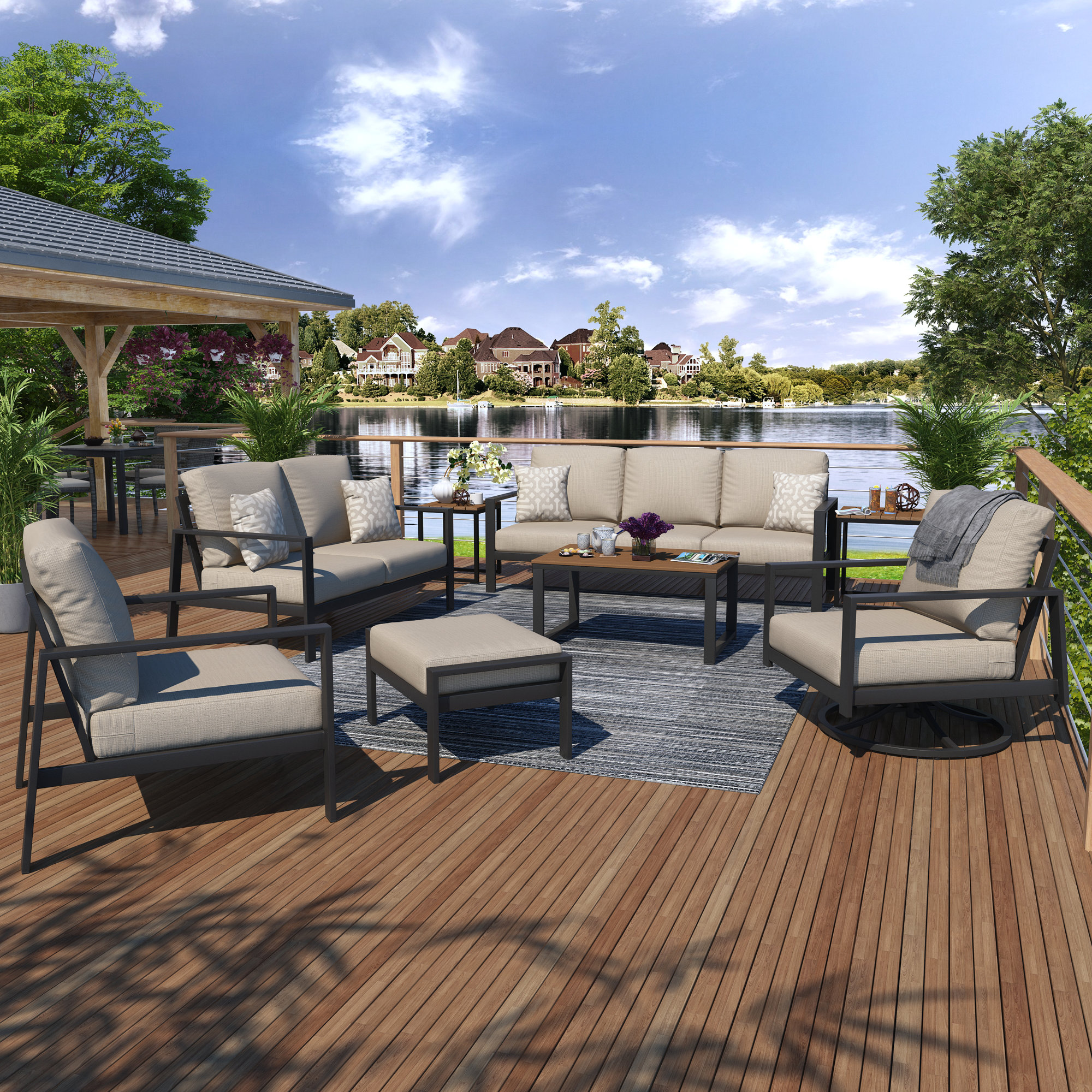 Townsend 7 Piece Sofa Seating Group with Sunbrella Cushions, Cast Silver Sunbrella®, Mahogany