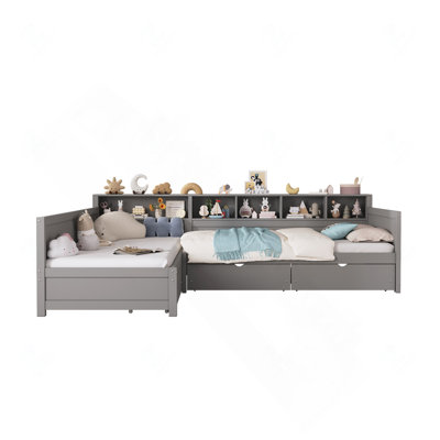 L-Shaped Corner Daybed Frame for 2 Kids with Built-in Bookshelf and 3 Underbed Storage Drawers, Grey