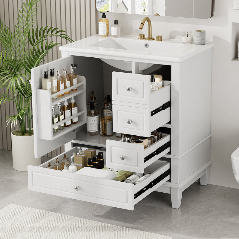 Meuble-lavabo 30 po avec lavabo, une porte avec tablette et trois tiroirs, porte à fermeture douce, blanc, Blanc