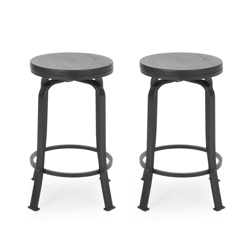 Tabouret de comptoir 2 pièces - industriel moderne, couleur noire, structure en fer, hauteur de siège de 24,05 po, fonction pivotante, tabourets industriels en faux bois avec placage de frêne noir, + métal, pivotant,