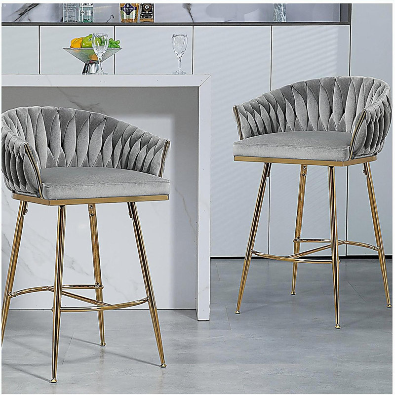 Bar stools Set of 2,velvet kitchen island counter bar stool with hand- wave back, Gray