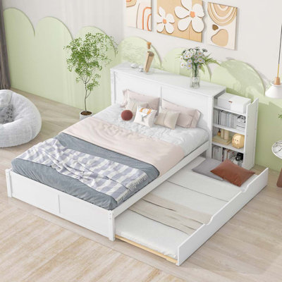 Grand lit plateforme avec rangement et tablettes gigognes TG, blanc