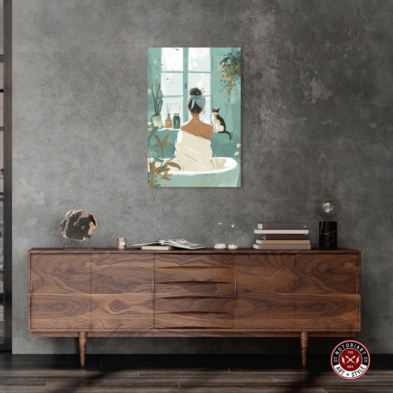 Relaxing Bath with Kitty Canvas Trendy Bathroom Art by Notoriart, 30" H x 20" W, Wrapped Canvas