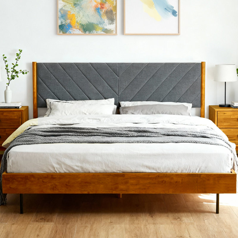 Lit plateforme en bois massif de qualité supérieure avec tête de lit rembourrée Acacia Astoria, King, Caramel