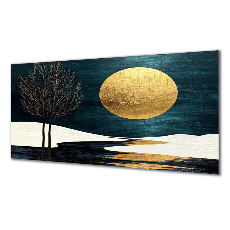 «Quiet Bold Mountain In Emerald Gold Harmony II - Lake House», reproduction d'art en métal, H 28 po x l 60 po