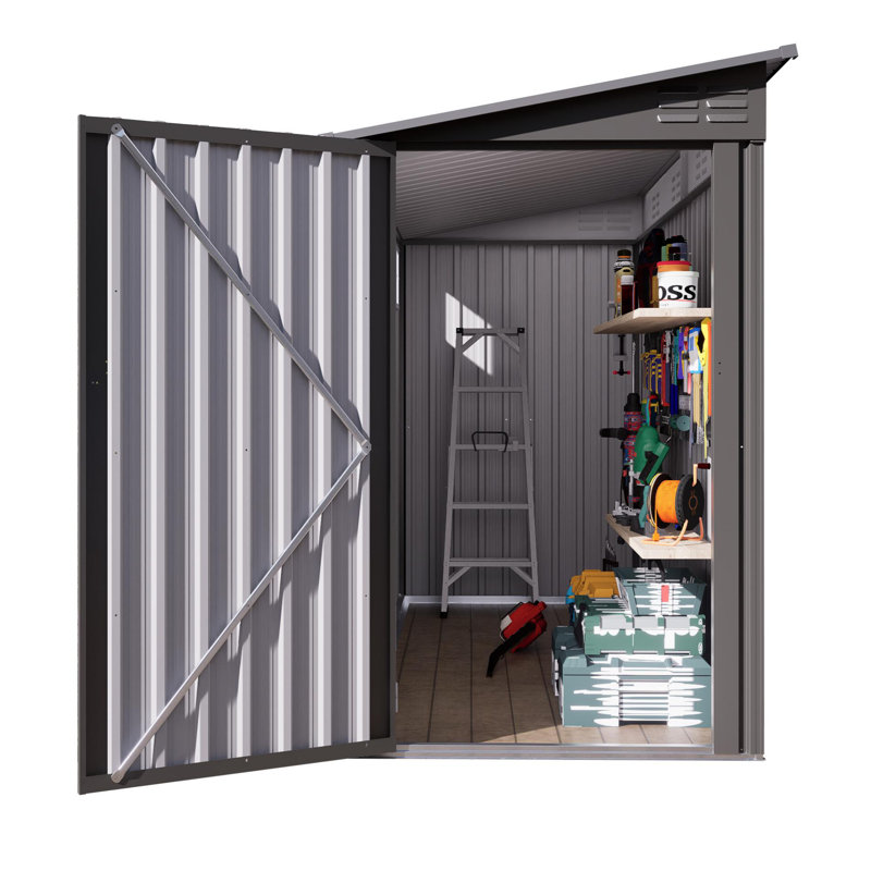 4x9 FT Lean to Shed with Windows, Metal Garden Shed Tool House with Sloping Roof with 2 Vents and 1 Side Open Door, Outdoor Storage Shed Waterproof for Backyard, Garden, Patio, Gray