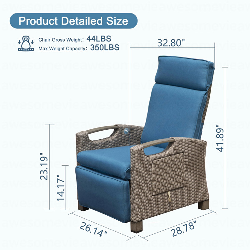 Outdoor Recliner Chair, Patio Recliner With Hand-Woven Wicker, Flip Table Push Back, Adjustable Angle, Thickness Cushions, Reclining Lounge Chair