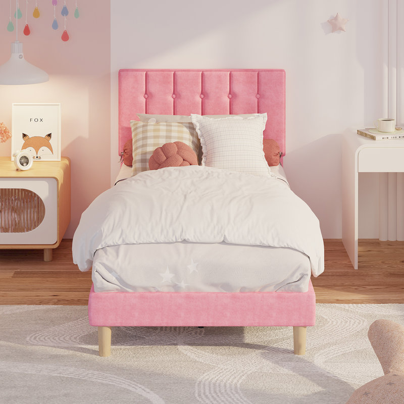 Gurit Modern Upholstered Twin Bed Frame, Tufted Velvet Headboard, Low Profile Platform Bed with Strong Wooden Slats, Twin