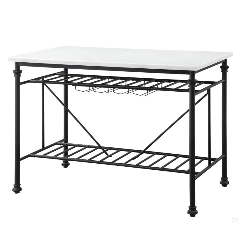 White Marble Top & Gray Finish Kitchen Island