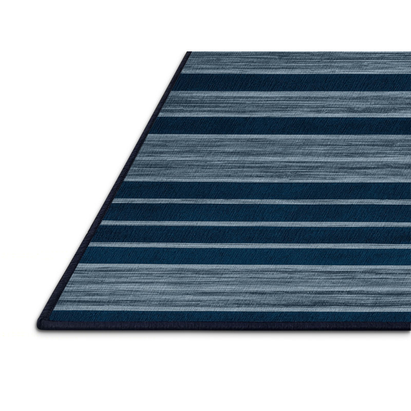 Tapis bleu à rayures horizontales lavable à la machine, Rond 3 pi