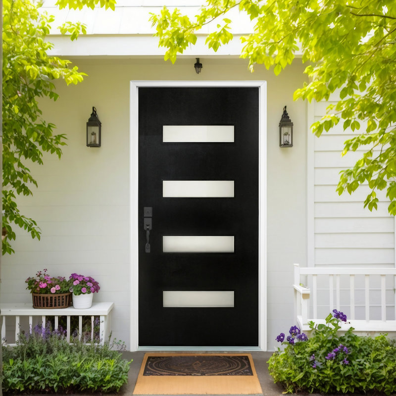 36 x 80 Fibreglass Entry Door with PVC Frame & Frosted Glass — Right Hand Inswing — Matte Black, Right Hand