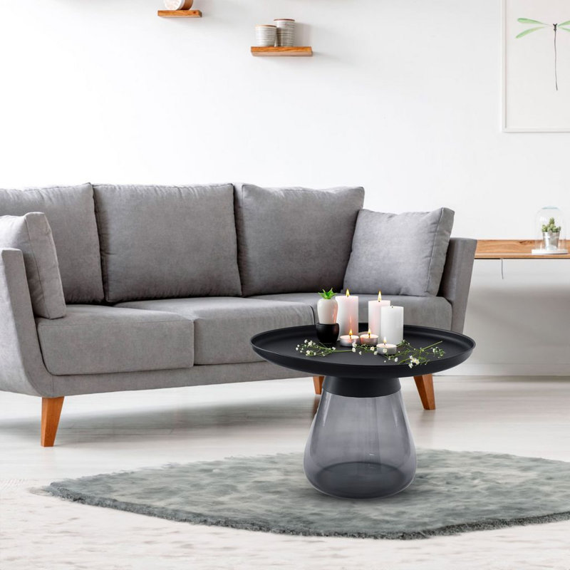 Table d'appoint ronde 24 po Aeryn avec plateau en titane noir mat et base en verre gris fumé, H 17 po x l 24 po x L 24 po