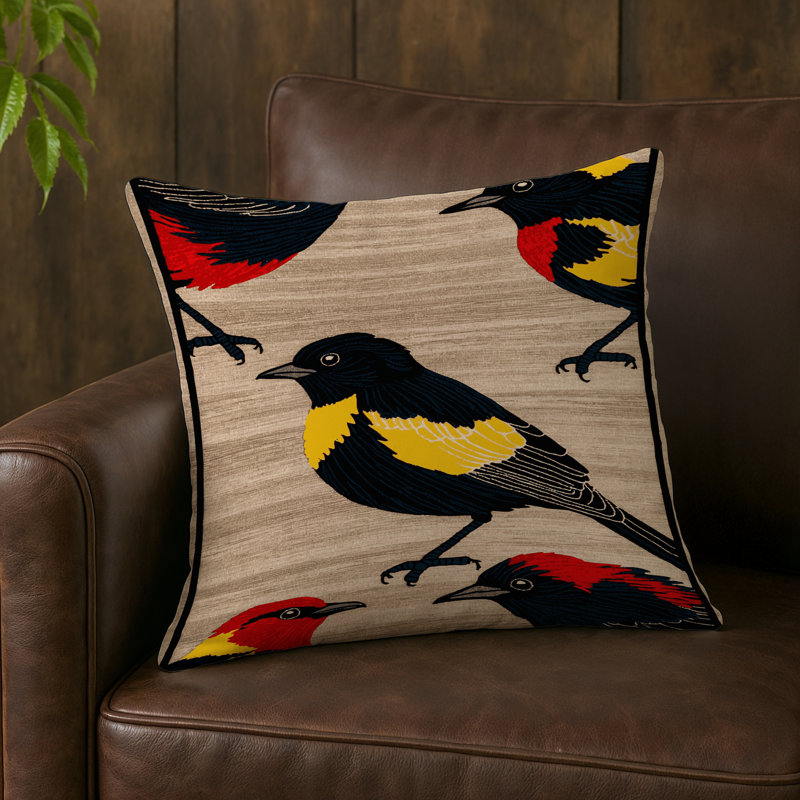 Coussin intérieur et extérieur Birds, Carré 16 po, Merle à ailes rouges