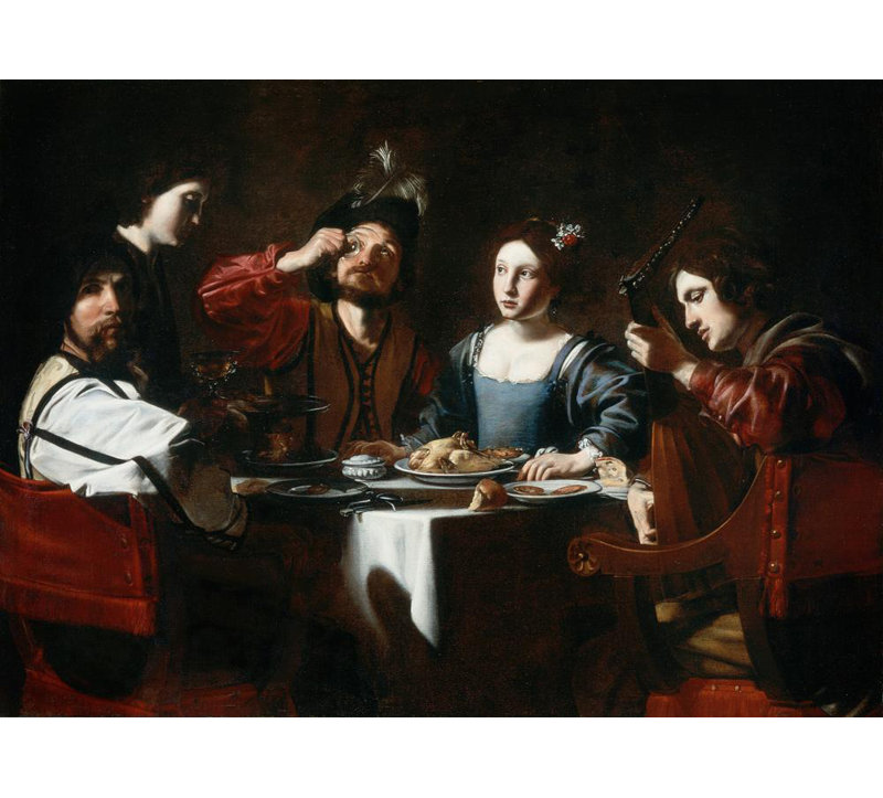 "Scène de banquet avec un joueur de luth" par Nicolas Tournier - Toile tendue avec châssis, H 48 po x l 33 po