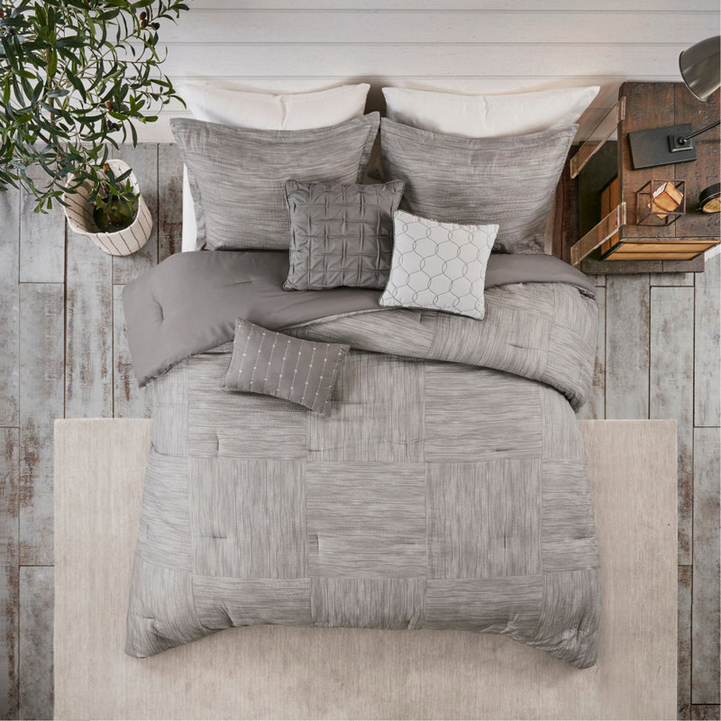 Ensemble d'édredon imprimé 7 pièces gris, Gris, Édredon de très grande taille et 6 pièces suppl