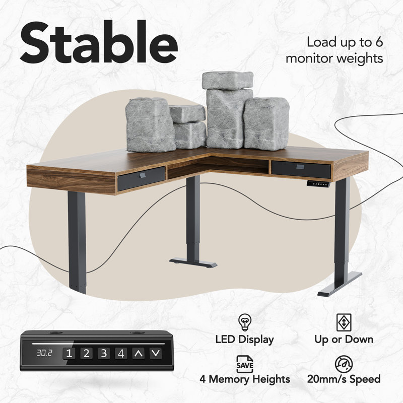 63" X 55" Electric L-Shaped Standing Desk, Height Adjustable Corner Desk With 2 Under Desk Drawers & Open Storage, Sit-Stand Desk With Power Strip Tray & Cable Management