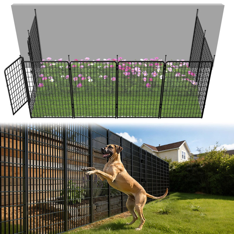 Clôture d'extérieur pour la cour pour l'extérieur de la cour - H 50 po x H 20,8 pi (L) barrière en métal robuste pour chien, clôture décorative sans creusage pour chien, 8 panneaux, noir