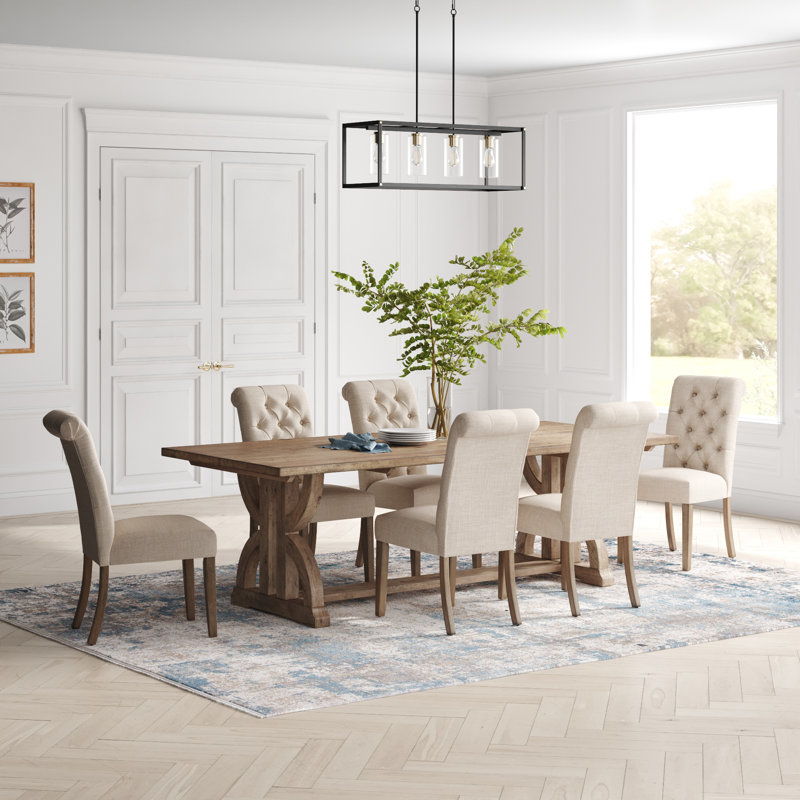 Ensemble de salle à manger en bois massif pour 6 personnes Aldrina, Lin beige