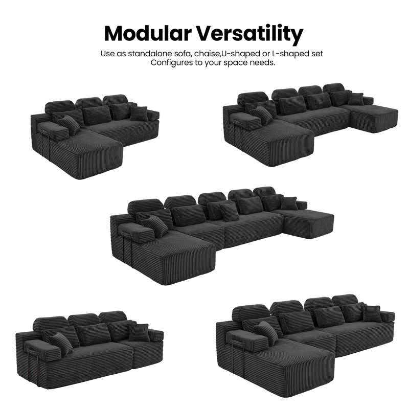 171" Cloud Modular U-Shaped Sectional Sofa with Chaise, Corduroy Oversized Couch for Living Room, No Assembly Required, Black