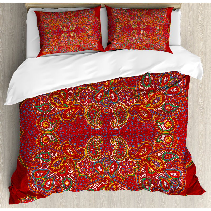 Queen Red and Blue Satin Paisley Duvet Cover Set