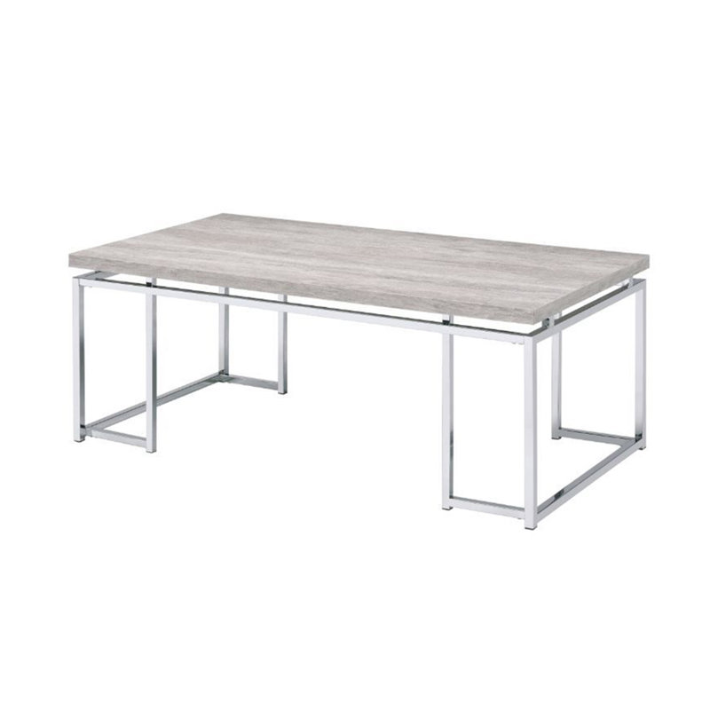 Table basse rectangulaire avec base en métal, chêne naturel et chrome