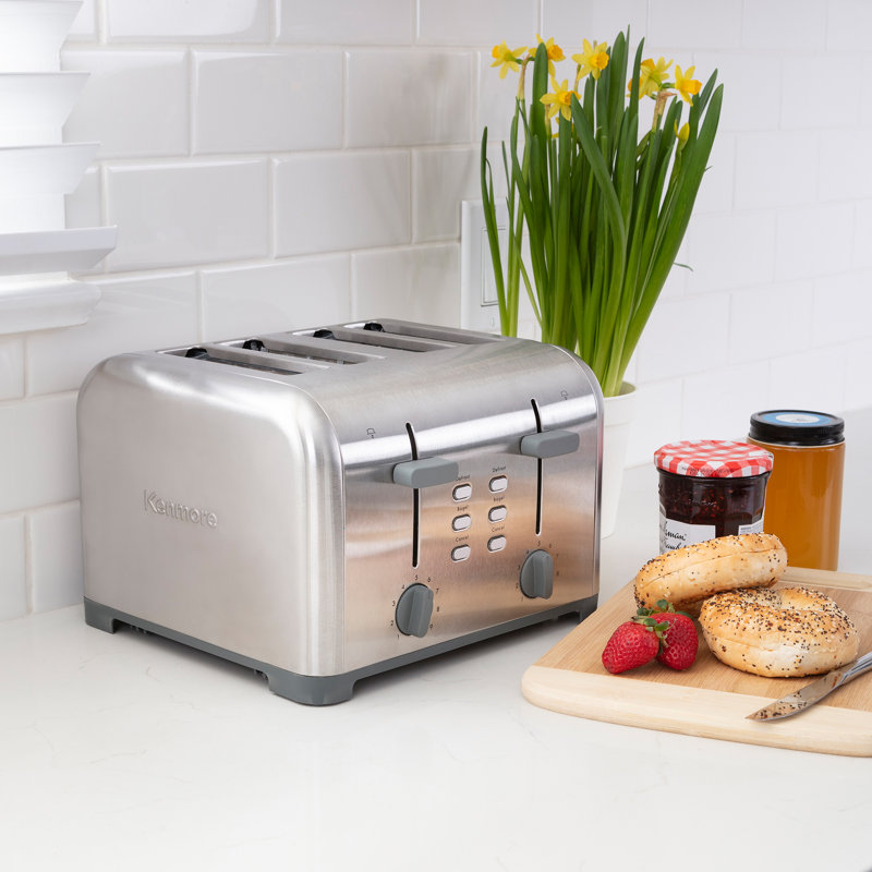 Grille-pain 4 tranches en acier inoxydable Kenmore avec deux commandes, fentes très larges et bagel, Acier Inoxydable