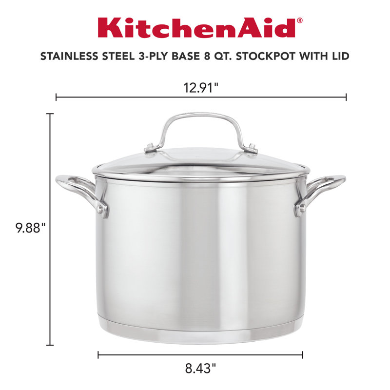 Marmite en acier inoxydable à 3 plis avec couvercle KitchenAid, 8 pintes, acier inoxydable brossé