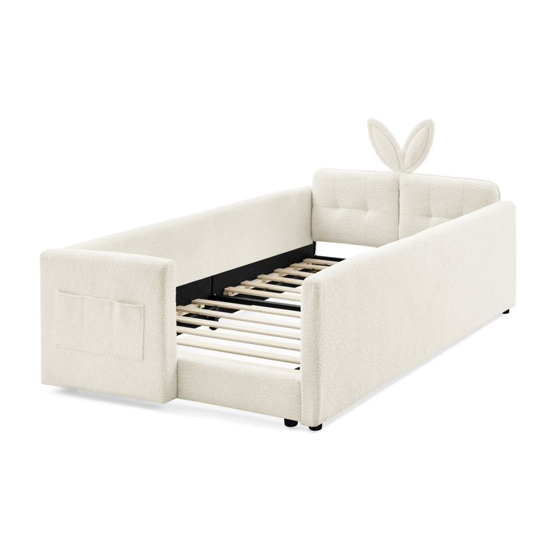Structure de lit simple beige avec tête de lit en forme d'oreille de lapin, revêtement Boucle, fonction et espace de rangement pour le matériel de la chambre à coucher, garde, salle de solution